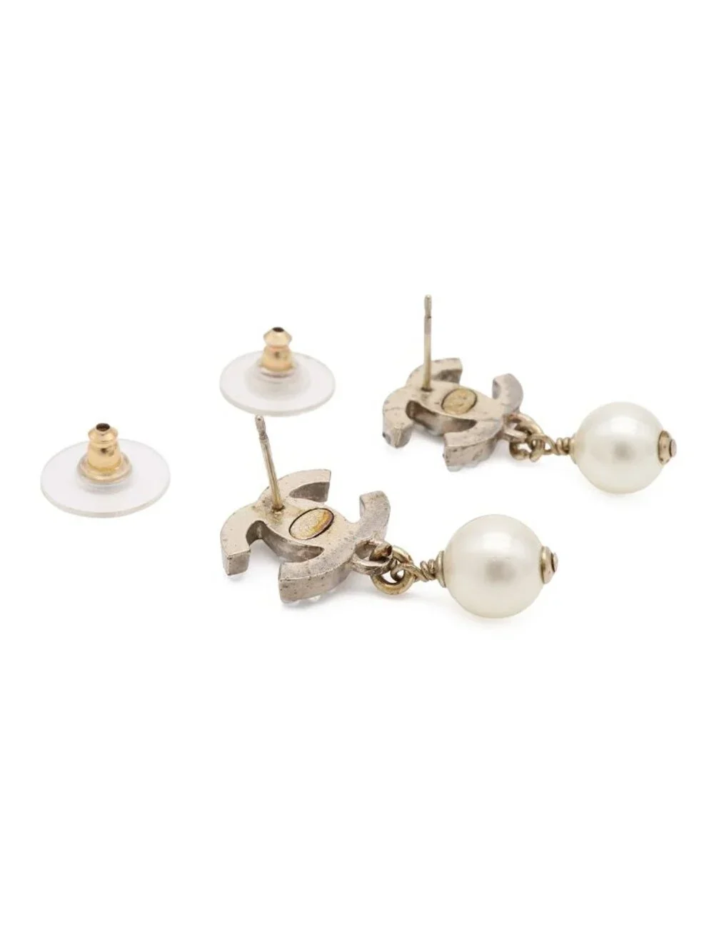 Chanel 04A CC Logo Swing Earrings Faux Pearl White Gold